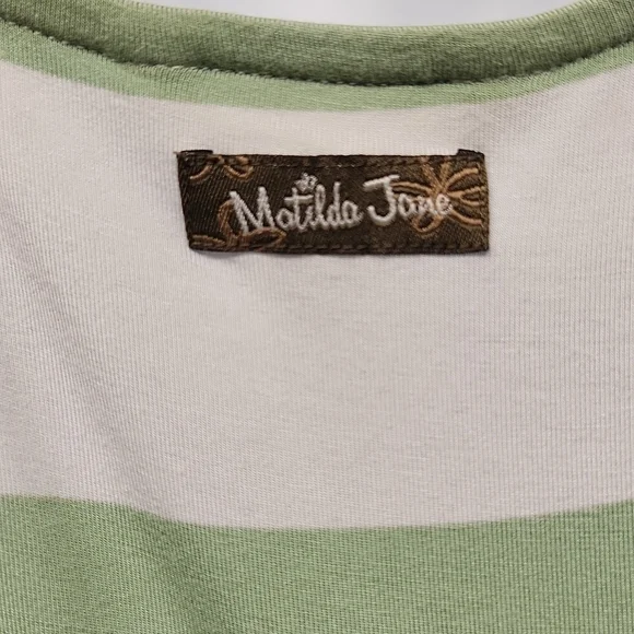 MATILDA Jane Full Length Dress Green Stripe With Floral Hem And Belt Accent Size - Picture 5 of 7